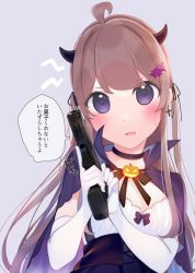 Rule 34 | 1girl, ahoge, bat hair ornament, black choker, black skirt, blush, brown hair, cape, chikuwa., choker, commentary request, demon horns, elbow gloves, fang, gloves, grey background, gun, hair ornament, handgun, hands up, highres, holding, holding gun, holding weapon, horns, long hair, looking at viewer, original, parted lips, pistol, purple cape, purple eyes, shirt, simple background, skirt, solo, sweat, translation request, upper body, very long hair, weapon, white gloves, white shirt