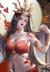 Rule 34 | 1girl, absurdres, armlet, artist request, black hair, cai lin (doupo cangqiong), collar, doupo cangqiong, earrings, highres, jewelry, long hair, metal collar, moon, navel, parted lips, pointy ears, red eyes, red skirt, red tank top, second-party source, skirt, solo, tank top, tiara, upper body