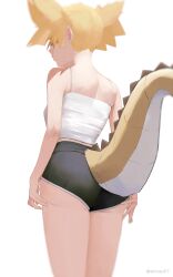 Rule 34 | 1girl, absurdres, ass, black shorts, blonde hair, borrowed character, camisole, clothing cutout, dinosaur girl, dinosaur tail, from behind, highres, kikiis art, micro shorts, original, shorts, simple background, solo, tail, tail through clothes, twintails, white background, white camisole