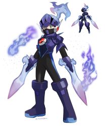 Rule 34 | 1boy, arm blade, armor, blue fire, boots, ceruledge, creatures (company), crossover, fiery hair, fire, full body, game freak, green eyes, helmet, highres, looking at viewer, male focus, mega man (series), mega man battle network, mega man battle network (series), megaman.exe, nintendo, pokemon, pokemon (creature), pokemon sv, purple eyes, reversiblekiss, simple background, standing, sword, weapon, white background