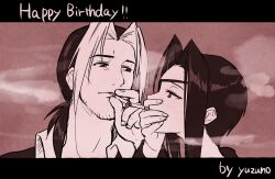Rule 34 | 1boy, 1girl, brad evans, cigarette, closed mouth, eyepatch, facial hair, formal, greyscale, happy birthday, holding, holding cigarette, kanon (wild arms 2), letterboxed, long hair, monochrome, protected link, sidelocks, smoking, stubble, wild arms, wild arms 2, yururi-ra