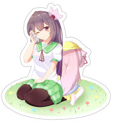 Rule 34 | 2girls, ;), absurdres, animal ears, arm up, azur lane, black legwear, blue shirt, blush, breasts, cat ears, character doll, closed mouth, commentary request, crescent, crescent pin, crossover, green sailor collar, green skirt, hair between eyes, hair ornament, hair ribbon, hat, head tilt, highres, historical name connection, holding, kantai collection, kindergarten uniform, kisaragi (azur lane), kisaragi (kancolle), long hair, looking at viewer, medium breasts, multiple girls, name connection, neck ribbon, nekoyanagi (azelsynn), no shoes, one eye closed, one side up, pantyhose, pink hair, pleated skirt, puffy short sleeves, puffy sleeves, purple eyes, purple hair, red ribbon, ribbon, sailor collar, school hat, school uniform, seiza, serafuku, shirt, short sleeves, sitting, skirt, smile, soles, very long hair, wariza, white legwear, white shirt, yellow hat, yellow skirt