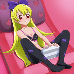 Rule 34 | 1girl, animal print, bad id, bad pixiv id, bat print, blonde hair, blush, bow, bra, breasts, couch, dokidoki! precure, feet, hair bow, highres, long hair, md5 mismatch, mont blanc (heartcatch ayaya), no shoes, pantyhose, patterned legwear, pillow, polka dot, precure, print pantyhose, red eyes, regina (dokidoki! precure), small breasts, smile, solo, toes, underwear