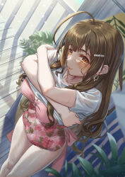 Rule 34 | 1girl, absurdres, ahoge, blush, breasts, brown hair, casual one-piece swimsuit, crossed arms, dutch angle, feet out of frame, floral print, highres, huge ahoge, idolmaster, idolmaster shiny colors, indoors, kuwayama chiyuki, large breasts, long hair, looking at viewer, one-piece swimsuit, pink one-piece swimsuit, shirt, smile, solo, swimsuit, tongue, tongue out, undressing, very long hair, wari sando, white shirt