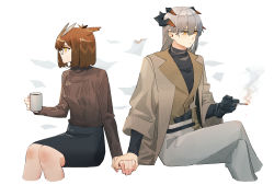 Rule 34 | 2girls, arknights, bad id, bad twitter id, black gloves, black shirt, black skirt, brown hair, brown jacket, brown sweater, cigarette, coffee mug, commentary, cropped legs, crossed legs, cup, dragon horns, feather hair, female focus, glasses, gloves, grey hair, grey pants, highres, holding, holding cigarette, holding cup, holding hands, horns, invisible chair, jacket, long hair, long sleeves, mug, multiple girls, owl ears, pants, saria (arknights), shirt, short hair, silence (arknights), simple background, single glove, sitting, skirt, suit jacket, sweater, symbol-only commentary, white background, yellow eyes, yuri, zy (zyyyyyyy9)