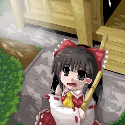 Rule 34 | 1girl, :o, bamboo, bow, broom, building, collar, day, detached sleeves, eyebrows, female focus, frown, fukaiton, hair bow, hakurei reimu, long sleeves, looking up, lowres, oekaki, open mouth, outdoors, ponytail, red bow, ribbon-trimmed skirt, ribbon-trimmed sleeves, ribbon trim, shrine, solo, stairs, standing, touhou, upper body, wavy hair, wavy mouth