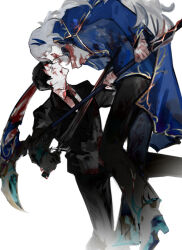 Rule 34 | 2boys, argalia (project moon), black gloves, black hair, black jacket, black necktie, black pants, blood, blood on clothes, blood on face, blue cape, blue jacket, cape, collared shirt, gloves, gold trim, hair ornament, highres, holding, holding scythe, holding sword, holding weapon, jacket, library of ruina, long hair, long sleeves, multiple boys, necktie, nishikujic, pants, project moon, roland (project moon), scythe, shirt, simple background, sword, very long hair, weapon, white background, white hair, white shirt
