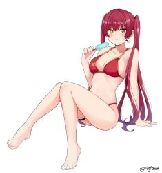 Rule 34 | 1girl, absurdres, arm support, bare legs, barefoot, bikini, blush, breasts, cleavage, closed mouth, commentary, earrings, fang, food, full body, half updo, heart, heart earrings, heart necklace, heterochromia, highres, holding, holding food, hololive, houshou marine, houshou marine (summer), invisible chair, jewelry, knees together feet apart, long hair, looking at viewer, medium breasts, navel, necklace, official alternate costume, popsicle, purple hair, red bikini, red eyes, red hair, rinfamm, simple background, single earring, sitting, smile, solo, spill, stomach, string bikini, swimsuit, twitter username, virtual youtuber, white background, yellow eyes
