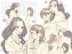 Rule 34 | 2girls, ?, ??, aka ooooo, black hair, blush, brown eyes, brown hair, closed eyes, closed mouth, collared shirt, commentary request, grey eyes, heart, highres, japan-korea yuri (meme), japanese flag, kiss, korean text, long hair, long sleeves, meme, multiple girls, necktie, one eye closed, original, parted lips, school uniform, shirt, short sleeves, smile, south korean flag, sparkle, speech bubble, sweatdrop, translation request, wiping face, yuri