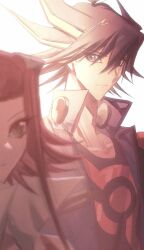 Rule 34 | 1boy, 1girl, absurdres, black hair, black shirt, blue eyes, blue jacket, blurry, brown eyes, commentary, depth of field, expressionless, facial mark, fudo yusei, hair ornament, high collar, highres, izayoi aki, jacket, looking at another, marking on cheek, multicolored hair, naoki (2rzmcaizerails6), open clothes, open jacket, red hair, shirt, short hair, short hair with long locks, simple background, spiked hair, streaked hair, upper body, white background, yu-gi-oh!, yu-gi-oh! 5d&#039;s