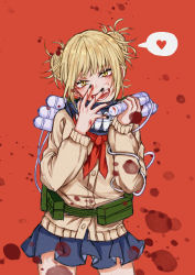Rule 34 | bags under eyes, bandana, belt, belt pouch, black bandana, blonde hair, blood, blood on clothes, blood on hands, blood splatter, blue skirt, blunt bangs, boku no hero academia, brown cardigan, canister, cardigan, covering face, cowboy shot, double bun, fangs, green belt, hair bun, hair up, hand to own mouth, head tilt, heart, highres, hose, messy hair, narrowed eyes, neckerchief, pleated skirt, pouch, red background, red neckerchief, school uniform, serafuku, sidelocks, simple background, skirt, slit pupils, smile, solo, speech bubble, spoken heart, syringe, teeth, toga himiko, yellow eyes, youki kecf4488