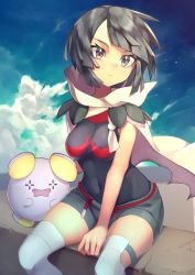 Rule 34 | 1girl, belt, black hair, black shirt, breasts, cloak, closed mouth, cloud, commentary request, covered navel, creatures (company), day, game freak, gen 3 pokemon, grey shorts, grey thighhighs, highres, nintendo, outdoors, pokemon, pokemon (creature), pokemon oras, red belt, rindoriko, rope belt, shirt, short hair, short shorts, shorts, sitting, sky, thighhighs, whismur, zinnia (pokemon)