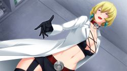 Rule 34 | 10s, 1girl, belt, black gloves, blonde hair, breasts, butcha-u, cleavage, closed mouth, collar, dutch angle, earrings, eyeshadow, game cg, gloves, hair between eyes, half-closed eyes, hip focus, ichijou shizuka, indoors, jewelry, jutaijima, lab coat, large breasts, legs, lips, lipstick, lock, looking at viewer, makeup, midriff, mole, mole under mouth, navel, red lips, red lips, short hair, short shorts, shorts, smile, solo, standing, thighs