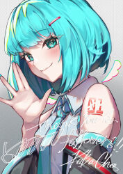 Rule 34 | 1girl, alternate hair length, alternate hairstyle, aqua eyes, aqua hair, aqua nails, bare shoulders, closed mouth, collared shirt, commentary request, detached sleeves, gradient background, grey background, hair ornament, hairclip, hand up, hatsune miku, highres, kobacha (ochakoba), looking at viewer, medium hair, milestone celebration, number tattoo, shirt, signature, sleeveless, sleeveless shirt, smile, solo, tattoo, thank you, upper body, vocaloid, white shirt