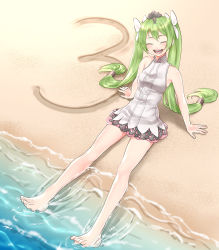 Rule 34 | 1girl, :d, ^ ^, bare arms, bare legs, bare shoulders, barefoot, beach, closed eyes, frey (rune factory), hair ribbon, highres, leaning back, light green hair, long hair, miniskirt, open mouth, pink skirt, puchiman, ribbon, rune factory, rune factory 4, sand, sand writing, shadow, sitting, skirt, sleeveless, smile, solo, teeth, twintails, water, white ribbon