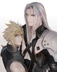 Rule 34 | 2boys, abs, aqua eyes, armor, black jacket, blonde hair, chest strap, cloud strife, final fantasy, final fantasy vii, final fantasy vii remake, grey hair, hair between eyes, highres, holding another&#039;s wrist, jacket, jjn ff7, long bangs, long hair, long sleeves, looking at viewer, male focus, multiple boys, parted bangs, sephiroth, short hair, shoulder armor, single bare shoulder, sleeveless, sleeveless turtleneck, slit pupils, spiked hair, suspenders, toned, toned male, turtleneck, upper body, white background
