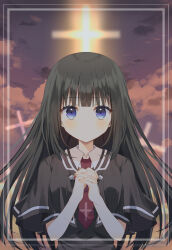 Rule 34 | 1girl, absurdres, aiyan, black hair, blue eyes, blunt bangs, capelet, highres, long hair, necktie, own hands clasped, own hands together, school uniform, solo, takashima zakuro, tsui no sora