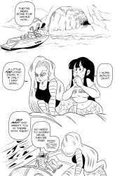 Rule 34 | 1boy, 2girls, android 18, bald, black hair, boat, breasts, cave, chi-chi (dragon ball), comic, commentary, dragon ball, dragonball z, english text, facial hair, fins, fish tail, funsexydb, greyscale, highres, large breasts, long hair, magazine (object), mermaid, monochrome, monster girl, multiple girls, muten roushi, navel, ocean, own hands clasped, own hands together, sandals, scales, steering wheel, striped sleeves, tail, watercraft