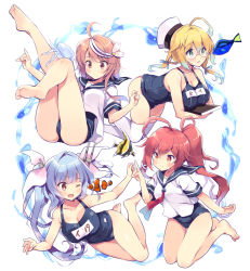 Rule 34 | 4girls, ahoge, animal, bare legs, barefoot, black one-piece swimsuit, blonde hair, blue hair, blue one-piece swimsuit, blue sailor collar, blush, book, breasts, cleavage, closed mouth, clownfish, collarbone, dated, fang, feet, fish, freediving, full body, glasses, gradient hair, green eyes, hair between eyes, hair ribbon, hat, i-168 (kancolle), i-19 (kancolle), i-58 (kancolle), i-8 (kancolle), jellyfish, kantai collection, large breasts, long hair, low twintails, multicolored hair, multiple girls, name tag, neckerchief, odawara hakone, one-piece swimsuit, one eye closed, peaked cap, pink eyes, pink hair, pink neckerchief, ponytail, red-framed eyewear, red eyes, red hair, red neckerchief, ribbon, sailor collar, school swimsuit, school uniform, serafuku, short hair, short sleeves, simple background, skin fang, smile, soles, star-shaped pupils, star (symbol), swimsuit, swimsuit under clothes, symbol-shaped pupils, thighhighs, toes, tri tails, twintails, twitter username, underwater, white background, white headwear, white legwear, yellow eyes