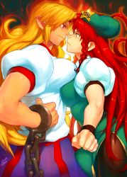 Rule 34 | 2girls, absurdres, asymmetrical docking, azusa (hws), blonde hair, braid, breast press, breasts, cuffs, eye contact, face-to-face, faceoff, female focus, hat, highres, hong meiling, horns, hoshiguma yuugi, large breasts, long hair, looking at another, multiple girls, pantyhose, pointy ears, profile, red eyes, red hair, single horn, touhou, twin braids