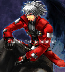Rule 34 | 1boy, ahoge, arc system works, black gloves, black pants, blazblue, character name, coat, frown, gloves, green eyes, heterochromia, male focus, pants, ragna the bloodedge, red eyes, serious, sitting, solo, spiked hair, white hair, xxxxchild