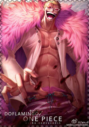 Rule 34 | 1boy, abs, artist name, blonde hair, character name, coat, collarbone, commentary, donquixote doflamingo, earrings, evil smile, feather coat, jewelry, male focus, one piece, open clothes, open mouth, orange-tinted eyewear, short hair, smile, solo, sunglasses, teeth, tinted eyewear, watermark, web address, weibo logo, weibo watermark, white-framed eyewear, zhang ding