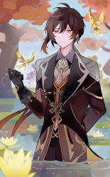 Rule 34 | 1boy, absurdres, black gloves, brown coat, brown hair, brown vest, bug, butterfly, closed mouth, coat, collared shirt, commentary, day, earrings, flower, genshin impact, gloves, hand up, highres, insect, jewelry, lily pad, long hair, long sleeves, looking at viewer, male focus, orange eyes, outdoors, rippajun, shirt, single earring, smile, tree, vest, wading, water, yellow butterfly, yellow flower, zhongli (genshin impact)