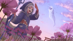 Rule 34 | 1girl, animal costume, animal hood, arimoto wataru, blue eyes, blue hair, blue hoodie, cloud, cloudy sky, commentary, english commentary, fins, fish tail, flower, gawr gura, gawr gura (1st costume), highres, holding trident, hololive, hololive english, hood, hoodie, kite, looking to the side, multicolored hair, open mouth, outdoors, polearm, shark costume, shark girl, shark hood, shark print, shark tail, sharp teeth, sky, smile, solo, streaked hair, tail, teeth, torii, trident, virtual youtuber, weapon
