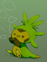 Rule 34 | animal focus, arms up, artist name, boke-chan, bright pupils, chespin, claws, creatures (company), drugged, drugs, full body, game freak, gen 6 pokemon, gradient background, green background, green theme, half-closed eyes, joint (drug), marijuana, nintendo, no humans, pawpads, pokemon, pokemon (creature), red eyes, signature, simple background, sitting, smoke, smoking, solo, twitter username, white pupils