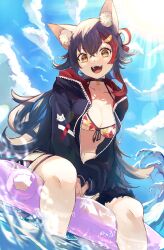 Rule 34 | 1girl, :d, afloat, animal ear fluff, animal ears, bikini, black collar, black hair, black jacket, blue sky, breasts, collar, commentary request, crossed bangs, from below, front-tie bikini top, front-tie top, gradient hair, hair ornament, hair ribbon, hairclip, highres, hololive, inflatable raft, jacket, leaf print, long hair, looking at viewer, medium breasts, multicolored hair, nyucha, official alternate costume, ookami mio, ookami mio (hololive summer 2019), open clothes, open jacket, open mouth, outdoors, red hair, ribbon, sitting, sky, smile, solo, splashing, streaked hair, sunlight, swimsuit, teeth, upper teeth only, very long hair, virtual youtuber, water, water drop, waves, wolf ears, yellow eyes