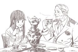 Rule 34 | 1boy, 1girl, brown theme, character request, cup, dated, eating, food, food on face, horikou, jacket, manly, military, military jacket, military rank insignia, military uniform, monochrome, real life, shima rin, signature, simple background, smile, soldier, soviet, soviet army, teacup, teapot, uniform, white background, yurucamp
