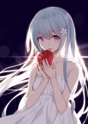 Rule 34 | /greyh, 1girl, :o, apple, backlighting, bare arms, bare shoulders, bison cangshu, black background, collarbone, commentary request, diffraction spikes, dress, floating hair, flower, food, fruit, hair between eyes, hair flower, hair ornament, hands up, highres, holding, holding food, holding fruit, lens flare, light particles, long hair, looking at viewer, open mouth, original, pink flower, red apple, red eyes, sidelocks, sleeveless, sleeveless dress, solo, teeth, upper body, very long hair, white dress