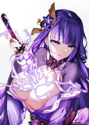 1girl between_breasts blunt_bangs breasts cleavage electricity elze_(s01047480836) genshin_impact hair_ornament half-closed_eyes highres human_scabbard large_breasts mole mole_under_eye nail_polish nipple_slip nipples purple_eyes purple_hair raiden_shogun simple_background solo sword upper_body weapon white_background