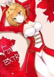 Rule 34 | 10s, 1girl, ahoge, blonde hair, blush, breasts, cleavage, copyright name, dress, epaulettes, fate/extra, fate (series), flower, frilled sleeves, frills, green eyes, hair intakes, juliet sleeves, leotard, long sleeves, looking at viewer, lying, nero claudius (fate), nero claudius (fate) (all), nero claudius (fate/extra), omizu (omz), on back, parted lips, puffy sleeves, red dress, red flower, red rose, rose, short hair, solo