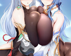 Rule 34 | 2girls, bare shoulders, blue hair, breast press, breasts, chomikuplus, close-up, cowbell, ganyu (genshin impact), genshin impact, head out of frame, highres, hip vent, huge breasts, long hair, multiple girls, open mouth, shenhe (genshin impact), silver hair, smile, symmetrical docking, yuri