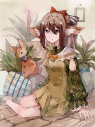 Rule 34 | 1girl, animal, animal ears, arknights, black bow, black eyes, bow, bowtie, breasts, brown hair, chinese commentary, commentary request, cotayomengmiao, detached sleeves, dress, fennec fox, fox ears, green dress, green sleeves, hair between eyes, hair bow, highres, medium breasts, official alternate costume, orange bow, orange bowtie, painting (medium), perfumer (arknights), perfumer (leisurely afternoon) (arknights), picture frame, red bow, sidelocks, sitting, slippers, solo, traditional media, watercolor (medium), yokozuwari