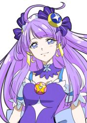 Rule 34 | 1girl, blue eyes, choker, closed mouth, collarbone, crescent, crescent earrings, cure selene, earrings, floating hair, hair ornament, hair tubes, jewelry, kaguya madoka, long hair, looking at viewer, precure, purple hair, short sleeves, simple background, smile, solo, star twinkle precure, tsukikage oyama, upper body, very long hair, white background
