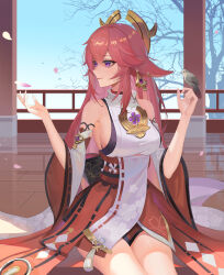 Rule 34 | 1girl, absurdres, bare shoulders, bare tree, bird, bird on hand, blue sky, breasts, commentary, day, detached sleeves, floral print, genshin impact, hair between eyes, highres, large breasts, lingdu han, long hair, long sleeves, nontraditional miko, pink hair, purple eyes, red skirt, shirt, sitting, skirt, sky, sleeveless, sleeveless shirt, smile, solo, thighs, tree, very long hair, white shirt, yae miko