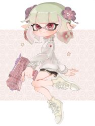 Rule 34 | 1girl, artist name, black shorts, border, brown background, closed mouth, commentary request, cross-laced footwear, dolphin shorts, eyelashes, flower, full body, green hair, gun, hair flower, hair ornament, highres, holding, holding gun, holding weapon, inkling, inkling girl, inkling player character, lemo (lemo 4), letterboxed, looking at viewer, medium hair, multicolored hair, nintendo, outside border, patterned background, pointy ears, red eyes, red hair, shoes, shorts, sleeves past wrists, smile, solo, splatoon (series), splattershot jr (splatoon), sweater, tentacle hair, twitter username, two-tone hair, weapon, white border, white footwear, white sweater