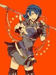 Rule 34 | 1girl, armor, belt, blue armor, blue belt, blue eyes, blue hair, breastplate, dress, farina (fire emblem), fingerless gloves, fire emblem, fire emblem: the blazing blade, gloves, hatching (texture), headband, holding, holding polearm, holding weapon, ka kutei, looking at viewer, nintendo, open mouth, pegasus knight uniform (fire emblem), pointing, pointing at viewer, polearm, red background, short hair, shoulder armor, skirt, smile, solo, spear, star (symbol), thighhighs, twitter username, upper body, weapon, zettai ryouiki