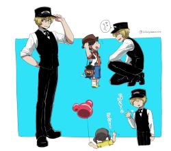 Rule 34 | 1girl, 2boys, :d, animal print, arm behind back, asaya minoru, bad id, bad pixiv id, balloon, billy the kid (fate), black footwear, black hair, black hat, black vest, blonde hair, blue background, blue shorts, brown hat, child, closed eyes, cow print, cowboy hat, disney, fate/grand order, fate (series), green eyes, hair between eyes, hand on headwear, hat, holding, holding balloon, long sleeves, looking at another, mr. potato head, multiple boys, on one knee, open mouth, peaked cap, profile, red shirt, shirt, shoes, shorts, sleeves pushed up, smile, socks, translated, twintails, twitter username, two-tone background, vest, waving, white background, white legwear, white shirt, yellow footwear, yellow shirt