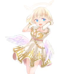 Rule 34 | 1girl, angel, angel wings, blonde hair, blue eyes, gloves, halo, kyuuri (miyako), low wings, misty sheikh, open mouth, pop-up story, short hair, simple background, smile, solo, white background, white gloves, wings