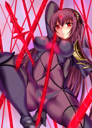 Rule 34 | 1girl, between breasts, bodysuit, breasts, daive, fate/grand order, fate (series), female focus, gae bolg (fate), gloves, glowing, glowing eyes, highres, jewelry, large breasts, long hair, looking at viewer, polearm, purple bodysuit, purple hair, red eyes, scathach (fate), scathach (fate), solo, spear, teeth, very long hair, weapon