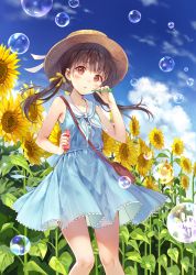 Rule 34 | 1girl, :o, bag, bare arms, bare shoulders, blue dress, blue sky, blush, bow, brown hair, bubble, bubble pipe, cloud, cloudy sky, collarbone, commentary request, day, dress, field, flower, flower field, fukahire (ruinon), hair bow, hat, holding, long hair, looking at viewer, low twintails, original, outdoors, parted lips, red eyes, sailor collar, sailor dress, shoulder bag, sky, sleeveless, sleeveless dress, solo, sunflower, sunflower field, twintails, white sailor collar, yellow bow, yellow flower