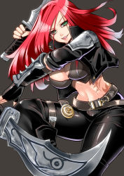 Rule 34 | 1girl, belt, breasts, cleavage, green eyes, katarina (league of legends), large breasts, league of legends, long hair, midriff, mocco (mocco san1), navel, red hair, scar, smile, solo, tattoo, weapon