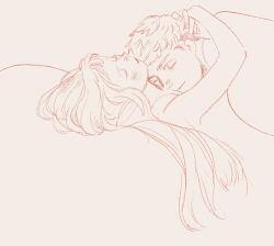 Rule 34 | 1boy, 1girl, blush, closed eyes, closed mouth, commentary, couple, cuddling, dungeon meshi, english commentary, eyelashes, from side, hetero, hug, laios touden, long hair, lying, lying on person, mabsosa6, marcille donato, monochrome, on back, on bed, short hair, simple background