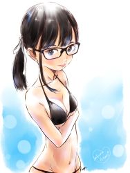 Rule 34 | 1girl, bikini, black-framed eyewear, black bikini, black hair, blue eyes, breasts, closed mouth, commentary request, glasses, gradient background, hair ribbon, highres, kowiru, looking at viewer, navel, real life, ribbon, short hair, simple background, small breasts, solo, swimsuit