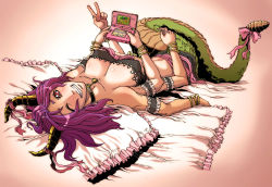 Rule 34 | 1girl, artist request, bed, bow, bracelet, breasts, cleavage, collar, snake hair, grin, highres, horns, jewelry, lamia, large breasts, lying, marilith, monster, monster girl, multi arm, multi limb, on back, pillow, purple hair, scales, smile, snake tail, source request, tail, v, wink