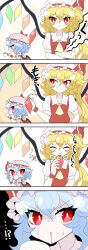 Rule 34 | 4koma, absurdres, amairo zanmei, ascot, bat wings, blonde hair, blue hair, check translation, comic, crystal, cup, eating, flandre scarlet, hat, hat ribbon, highres, light blue hair, mob cap, pink headwear, pink shirt, rainbow order, red eyes, red vest, remilia scarlet, ribbon, shirt, short sleeves, siblings, sisters, stomach growling, sweat, tea, teacup, touhou, translation request, vampire, vest, wavy hair, white headwear, white shirt, wings, wrist cuffs