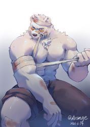 Rule 34 | 1boy, abs, absurdres, alternate pectoral size, animal ears, arange (youhei79384157), bandaged head, bandages, bandaid, bandaid on face, bandaid on nose, bara, bear boy, bear ears, biceps, brown pants, feet out of frame, furry, furry male, highres, injury, large pectorals, male focus, male underwear, male underwear peek, muscular, muscular male, navel, navel hair, nipples, odd taxi, open fly, pants, pants rolled up, pectoral squeeze, pectorals, sekiguchi (odd taxi), short hair, solo, stomach, sunglasses, thick thighs, thighs, topless male, underwear, white fur, white male underwear
